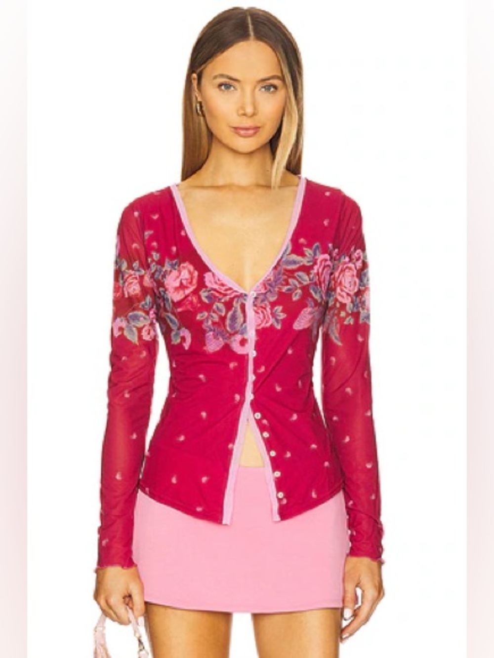 Free People Size Large Home Grown Mesh Cardi Magenta Combo Floral Strawberry Top